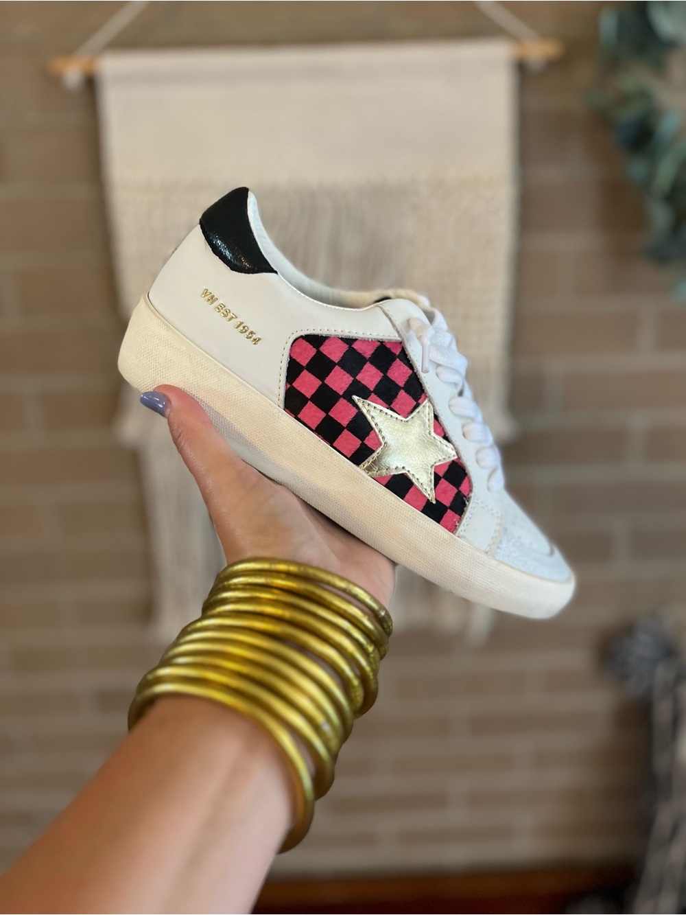 Vintage Havana White Sneaker with Pink and Black Checker and Gold Star